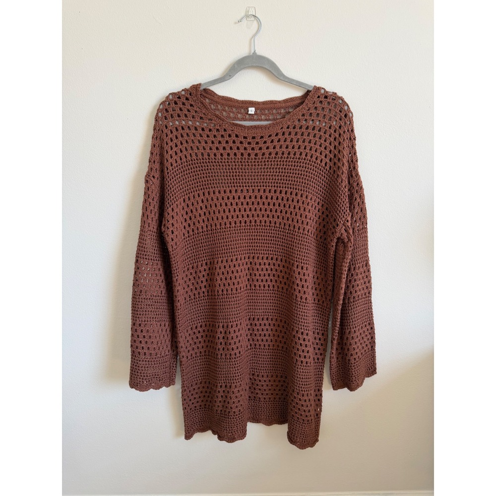 Unbranded Rust Brown Crochet Knit Sweater Dress Long Sleeve Boho Coverup Large
